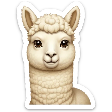 Cinematic Noble Cream Alpaca Portrait Emoji, Poised and regal, with a graceful, sturdy build and a luxuriously soft, well-groomed cream fleece, deep-set soulful gentle eyes, Simplified yet sharp and sophisticated features, highly detailed, glowing with a soft, dignified glow, high shine, intelligent and serene, stylized with an air of pastoral elegance, focused and attentive, soft glowing outline, capturing the essence of a watchful and confident companion, so majestic it feels as though it could stride out of the screen with effortless authority! sticker