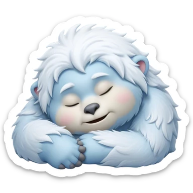Meme-Worthy Cute Sleeping Yeti Portrait Emoji, with a charming, fluffy, snow-dusted figure in gentle whites and cool blues, head resting in blissful, serene slumber with closed, peaceful eyes and a small, contented smile, simplified yet irresistibly adorable, highly detailed with a soft frosty outline that captures the tender drowsiness of a yeti drifting into snowy dreams! sticker