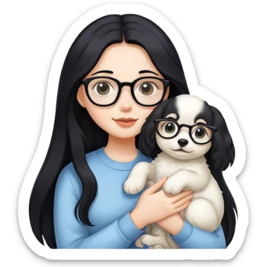 A beautiful girl with long black hair and glasses is holding a long-haired white puppy sticker