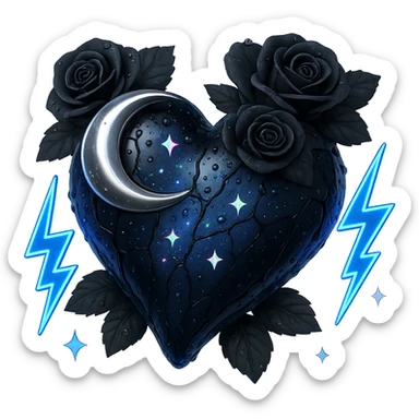 Edit the image to depict a dark blue glass gothic heart with a silver crescent, midnight roses, holographic sparkles, neon lightning bolts, drenched and cracked glass texture. The style should resemble 3D emoji style. Remove the background. sticker