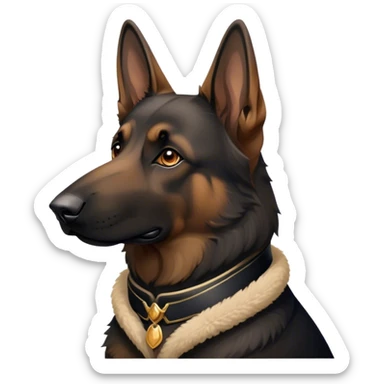 Cinematic Noble Tan/Black German Shepherd Portrait Emoji, Poised and regal, with a strong, athletic build and a dense, well-groomed coat in rich tan accented by a classic black saddle, deep-set soulful brown eyes, Simplified yet sharp and sophisticated features, highly detailed, glowing with a soft, dignified glow, high shine, intelligent and loyal, stylized with an air of authority, focused and attentive, soft glowing outline, capturing the essence of a watchful and commanding guardian, so majestic it feels as though it could stride out of the screen with effortless authority! sticker
