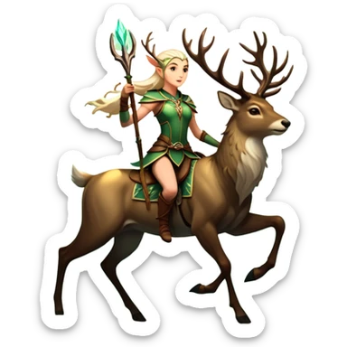 An icon representing an adventure game, inspired by high-fantasy RPGs. The design features a swift and agile elven ranger riding a majestic stag through an ancient forest, its antlers glowing faintly with mystical energy. Sunlight filters through towering trees, creating a sense of mystery, nature, and adventure. Transparent background. sticker