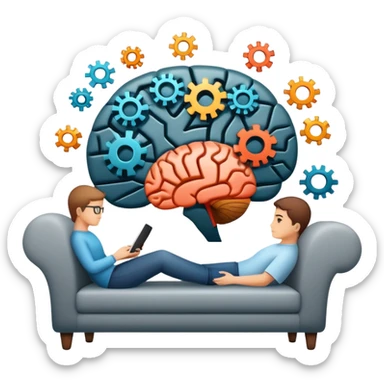 An icon featuring a brain with gears, a mind map, and a therapy couch, symbolizing psychology. The design includes a set of mental health tools and a silhouette of a person in deep thought, representing understanding the human mind. Transparent background sticker