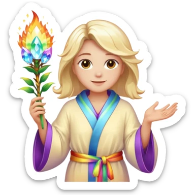 a being made of light of light with a robe on made of light and who is lanky holding a bouquet of crystal flowers on rainbow fire sticker