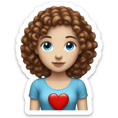 A white girl with blue eyes and brown curly hair holding a red heart sticker