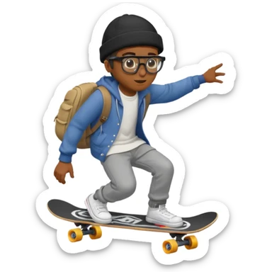 a light black guy with a beanie , tecno glasses . dressed baggy and tecno going on the skateboard  sticker
