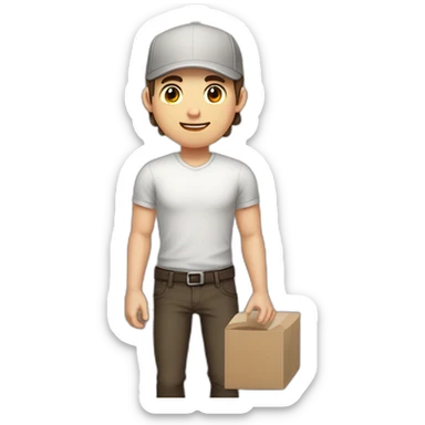 Pale skinned fit Man with dark brown hair in a light gray cap, dark brown jeans, brown polo and white T-shirt keeping a pasted with tape white box into his hands sticker
