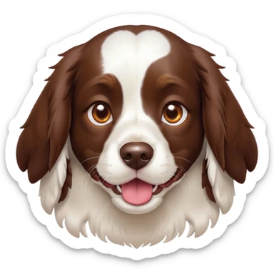 Cinematic Cute Springer Spaniel Portrait Emoji, Head tilted playfully and inquisitively, featuring a vibrant Fur of liver and white with a natural sheen, round, sparkling brown eyes filled with curiosity, Simplified yet irresistibly adorable features, highly detailed, glowing with a warm, friendly glow, high shine, affectionate and lively, stylized with a touch of whimsy, bright and endearing, soft glowing outline, capturing the essence of a mischievous yet loving pup, so playful it feels like it could frolic out of the screen and into your arms! sticker