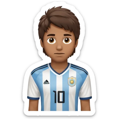 Hola hace una persona morocha con pelo mediano pero no peinado y ojeras con remera de Argentina sticker