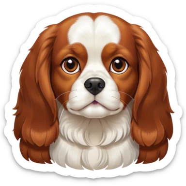 Cinematic Noble Blenheim Cavalier King Charles Spaniel Portrait Emoji, Poised and regal, with a graceful, medium build and a well-groomed Blenheim coat featuring rich chestnut and white markings, soulful brown eyes, Simplified yet sharp and sophisticated features, highly detailed, glowing with a soft, dignified glow, high shine, intelligent and affectionate, stylized with an air of elegance, focused and attentive, soft glowing outline, capturing the essence of a watchful and refined companion, so majestic it feels as though it could step out of the screen with effortless authority! sticker