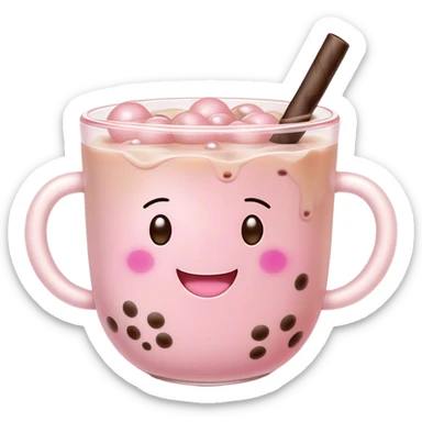 Cute Kawaii Boba Tea Cup, with a happy smiling face, chubby round shape, pastel pink and brown colors, soft glowing highlights, adorable tapioca pearls floating inside, sparkling eyes full of joy! sticker