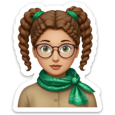iranian woman, tight curly light brown hair in one high pony tail, glasses, green eyes, pretty, oval shape face, no hajib, scarf on neck sticker