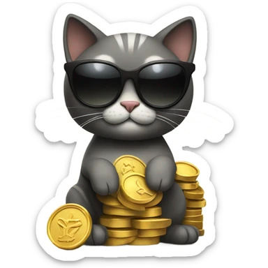 cat in brutal dark glasses with a bag of gold coins sticker