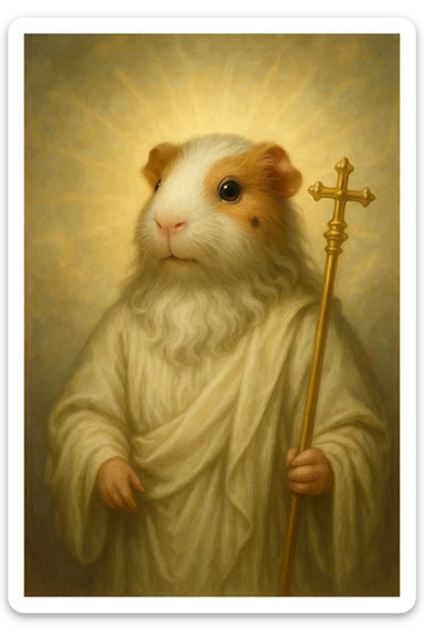 almighty guinea pig god with a mole on the left cheek, holding a scepter, majestic and benevolent sticker
