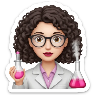 A crazy female scientist, with curly-wavy dark brown medium lenght hair, brown eyes and light grey glasses and pale skin and pinkish lips, dressed to look like an english teacher but in neutral tones like grey black white, maybe with the pop of dark red, with no girly colors,  sticker