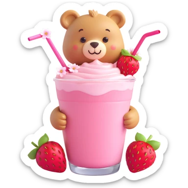 cute bear peeking from a strawberry milkshake cup with a straw, two strawberries, cherry blossom flowers, pastel colors, soft shadows, clean minimal aesthetic, 3D iOS style sticker