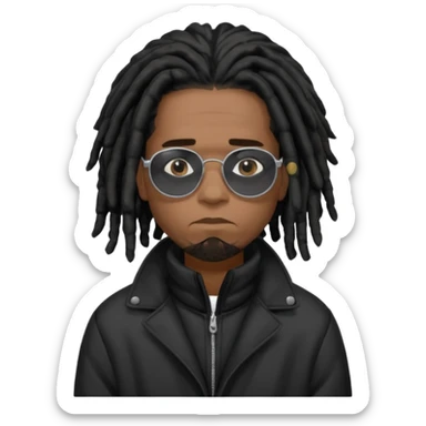 African American man brown skin complexion with black dreadlocks shoulder length wearing black bubble winter coat wearing black sunglasses with sad face sticker