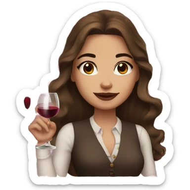 rich girl with white skin, long brown hair, dark eyes, with makeup, with wine sticker