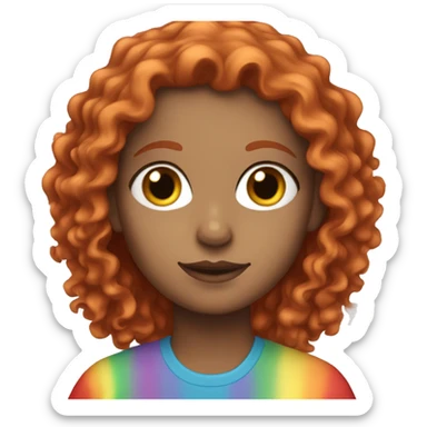 white girl with a rainbow shirt and a red curly hair sticker