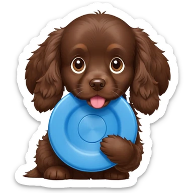 Chocolate brown cocker spaniel with blue frisbee in mouth sticker