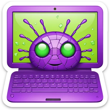 Broken computer screen with poxelated bugs. Color scheme is purple and limegreen sticker