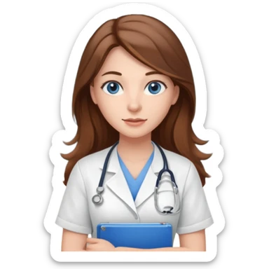 inside a classroom at university that says nursing school on the board with a pretty female nursing student with long brown hair, blue eyes sticker