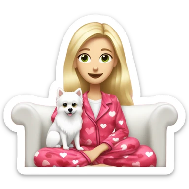Woman, long length blonder hair, give her pretty green colored eyes, wearing red and pink hearts design on pajamas, lounging on a cozy couch with white fluffy pomeranian dog sticker