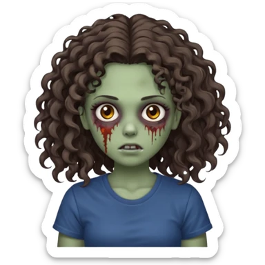 zombie girl with curly hair n brown eyes, dark and long hair 3a with wavy scalp, just a tshirt sticker