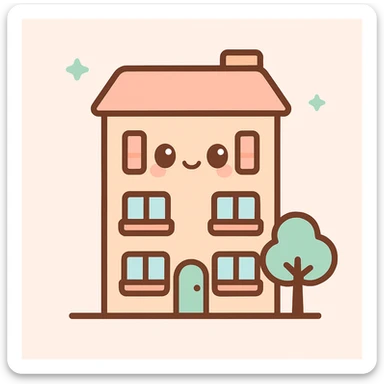 apartment building, kawaii chibi anime style, flat pastel colors, thick outlines, simple cute features, with a small tree sticker