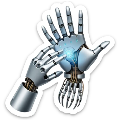 An icon inspired by Da Vinci’s 'The Creation of Adam', featuring a robotic hand reaching out to touch a human hand, symbolizing artificial intelligence. The design includes neural networks, glowing circuits, and a holographic brain. Transparent background sticker