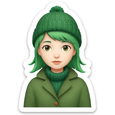 Girl with green hair wearing winter coat and a woolen hat with a relaxed posture and friendly face sticker
