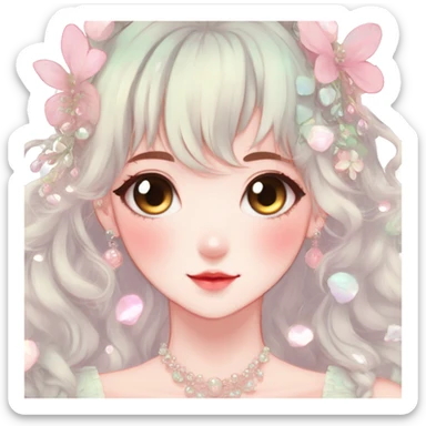 Gorgeous anime style lady with blushing face and accessories cottagecore fairycore Kawaii anime colorful pearly romantic aesthetic trending style sticker