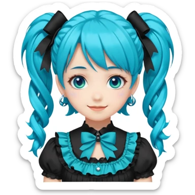 anime-style female character with bright turquoise hair styled in twin tails and matching blue eyes. Her outfit is a frilly turquoise and black dress in a Lolita-esque style, heavily contrasted with black ribbons and trim. A key detail is the "AWP" logo in black on the chest. VERY happy variant sticker