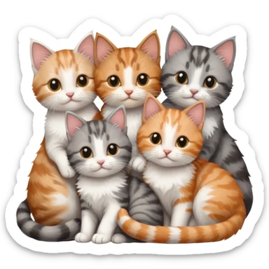 6 tiny kittens cuddling together all various different natural colours including grey and white, ginger and white, calico, grey, and brown tabby and white sticker