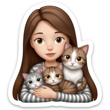 pretty girl with long brown hair snuggling 3 cats: grey and white, brown striped and black and white sticker