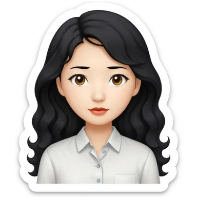 Asian woman, black hair, long permed wavy hair, white button-up shirt, flat colors, transparent background. sticker