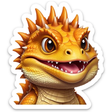 Cinematic Comical Bearded Dragon Portrait Emoji, Head tilted dramatically with an exaggeratedly amused expression, featuring a striking, glossy scaled hide with a quirky, spiky beard and wide, expressive eyes full of playful disbelief, Simplified yet hilariously expressive features, highly detailed, glowing with a slightly sassy glow, high shine, dramatic yet playful, stylized with an air of cheeky mischief, bright and endearing, soft glowing outline, capturing the essence of a spirited and over‐the‐top dragon, so meme‐worthy it feels like it could snap its jaws into internet fame instantly! sticker