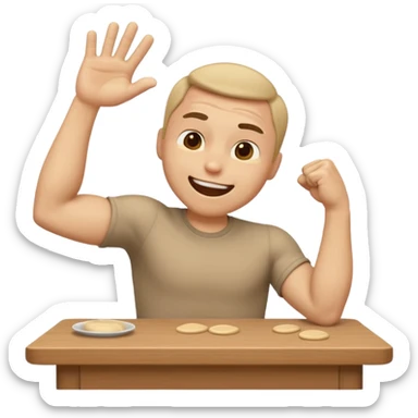 create a old style animated emoji with man leaning with forhead on left arm while hitting table repeatedly with right hand fist while laughing really hard so body shaking sticker
