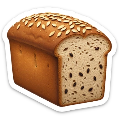 dense rectangular loaf of whole grain bread with dark brown crust, coarse textured surface speckled with seeds, slightly domed matte top, rustic hearty look, one or two thick slices beside it revealing grainy compact crumb, no plate, knife, or extras, soft lighting, subtle shadows, emoji scale sticker