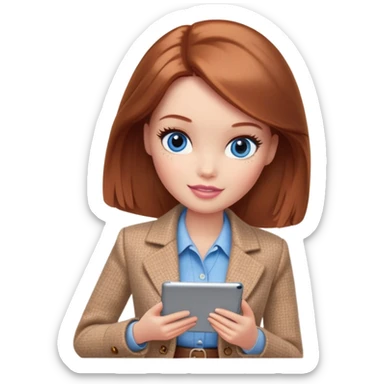 A Barbie girl with blue eyes, shoulder-length reddish-brown hair, made-up, wearing a beige tweed jacket and a beige skirt,  with a iPad sticker