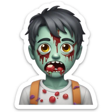 Boy dressed as a zombie with candy in his eyes crying tears for candy sticker