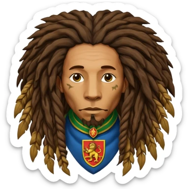 melancholic  Bob Marley with gigantic dread locks in form heraldic crest with ethiopian lion sticker