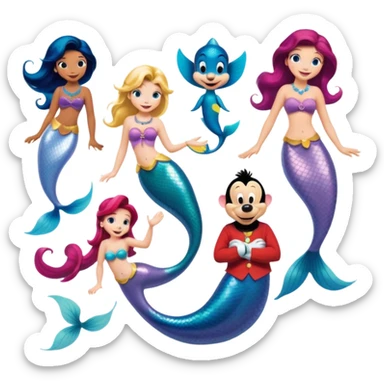 Colorful icon for Animated Movies: mermaid costume and could A vibrant collage featuring iconic characters like Goofy, Mickey Mouse, Franco, Masha and the Bear and Luntik. Each character should be large and bright, set against a cheerful and playful background of Disneyland. Transparent background. sticker