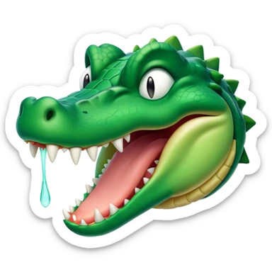 Cinematic Cute Yawning Crocodile Portrait Emoji, Head tilted slightly with a dramatic, wide-open yawn, showcasing a soft, textured emerald-green hide with slightly drooping jaws and half-closed eyes in drowsy contentment, Simplified yet irresistibly adorable features, highly detailed, glowing with a soft, cozy glow, high shine, relaxed yet expressive, stylized with a touch of reptilian whimsy, bright and endearing, soft glowing outline, capturing the essence of a sleepy yet affectionate crocodile, so drowsy it feels like it could stretch out of the screen and curl up for a nap! sticker