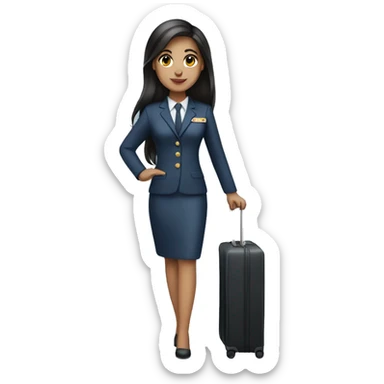 long dark hair brown eyed girl flight attendant holding suitcase no hat sticker