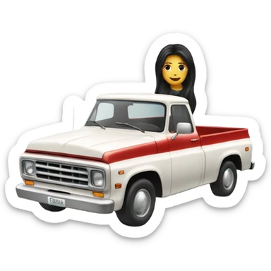A white lady with long black hair, driving an older red pick up truck sticker