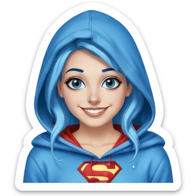 Teeth-showing-Smiling-30-year-old-adult-long-straight-dark-blue-and-glitter-in-hair-blue-eyes-thick-black-eyeliner-really-thick-really-long-eye-lashes-sky-blue-superman-hood-down-sweatshirt-nose-piercing-lip-pie sticker