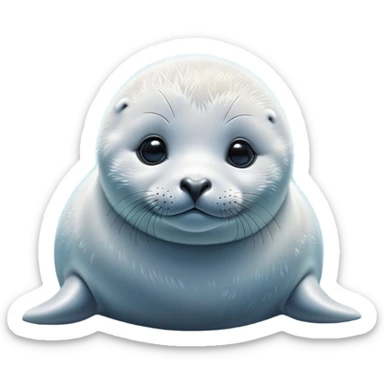 Cinematic Noble Baby Seal Portrait Emoji, Poised and endearing, with a round, plump body of soft, glistening fur, large, soulful eyes and a delicate, slightly rounded head accented by chubby cheeks, Simplified yet sharp and sophisticated features, highly detailed, glowing with a gentle, polar mist glow, high shine, intelligent and watchful, stylized with an air of arctic charm, focused and gentle, soft glowing outline, capturing the essence of a watchful and confident baby seal that appears ready to pop out of the screen with playful grace! sticker