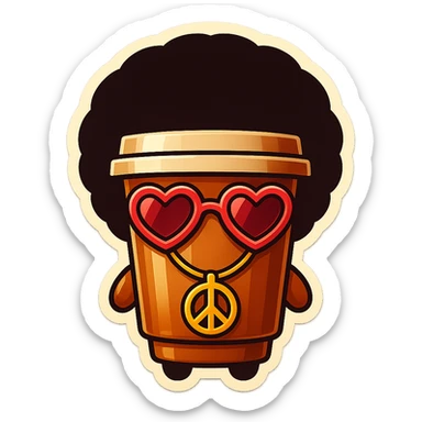 Tall coffee cup, no mouth, afro, heart glasses, peace sign necklace sticker
