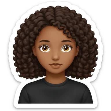girl with brown skin, dark curly brown hair shoulder length and plain black crewneck t-shirt sticker